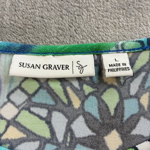 Susan Graver Women Large Green Blue Mosaic Geometric Tunic Top Split Sleeve Ring - Picture 4 of 16